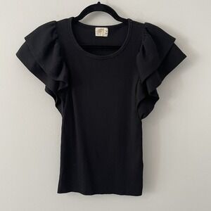 Nation LTD Organic Pima Cotton Flutter‎ Sleeve Top Black Size S Stretch Ruffles
